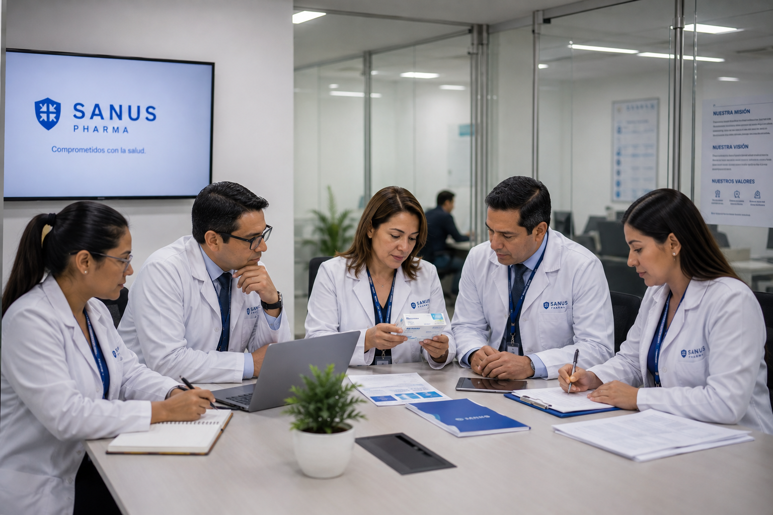 Equipo de Sanus Pharma revisando productos en laboratorio